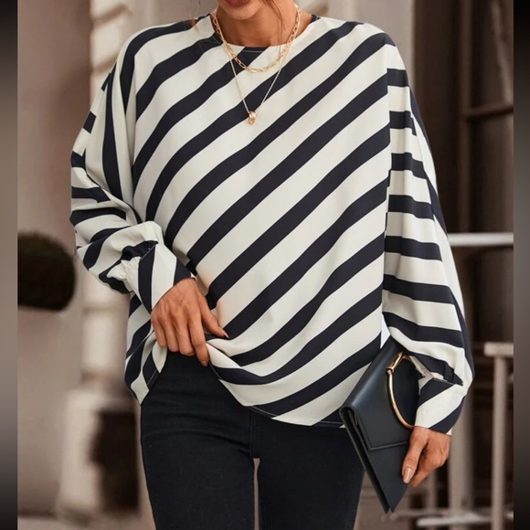 Classic Elegant Striped Print Batwing Sleeve Blouse Top Shirt - Picture 4 of 9
